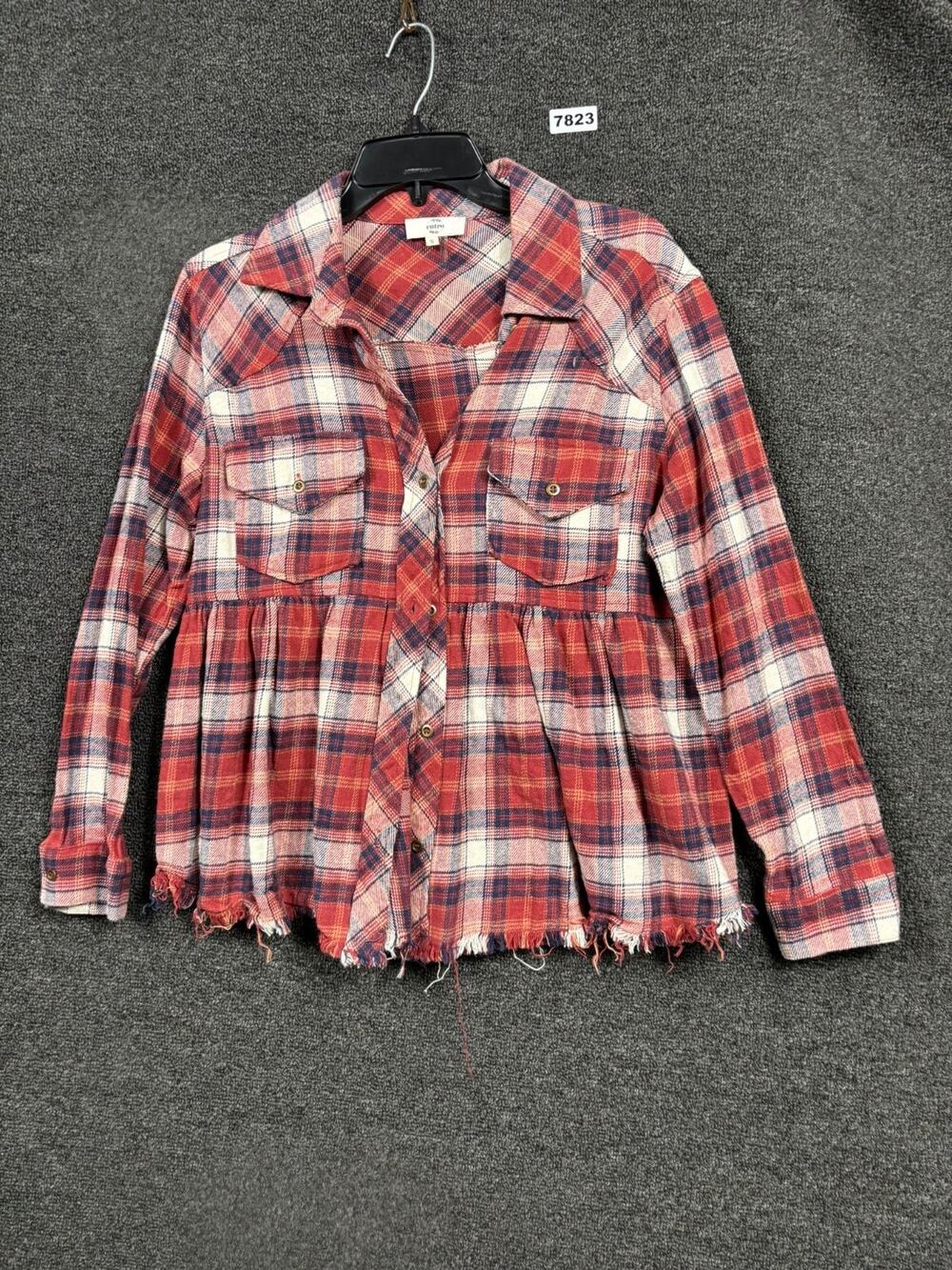Entro Plaid Button Up Shirt Womens Size S Red Multi Long Sleeve Ruffle Raw Hem